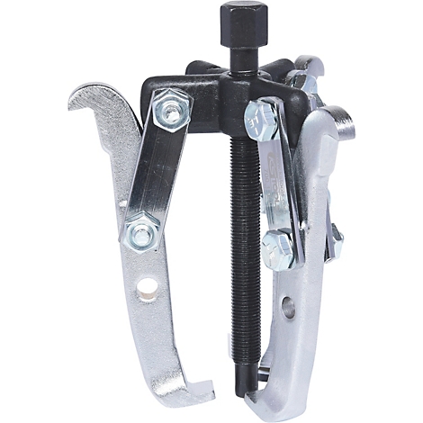 Ein silberner Abzieher mit Schraube und schwarzen Komponenten. Im Detail sind Schrauben und metallene Greifarme zu sehen.